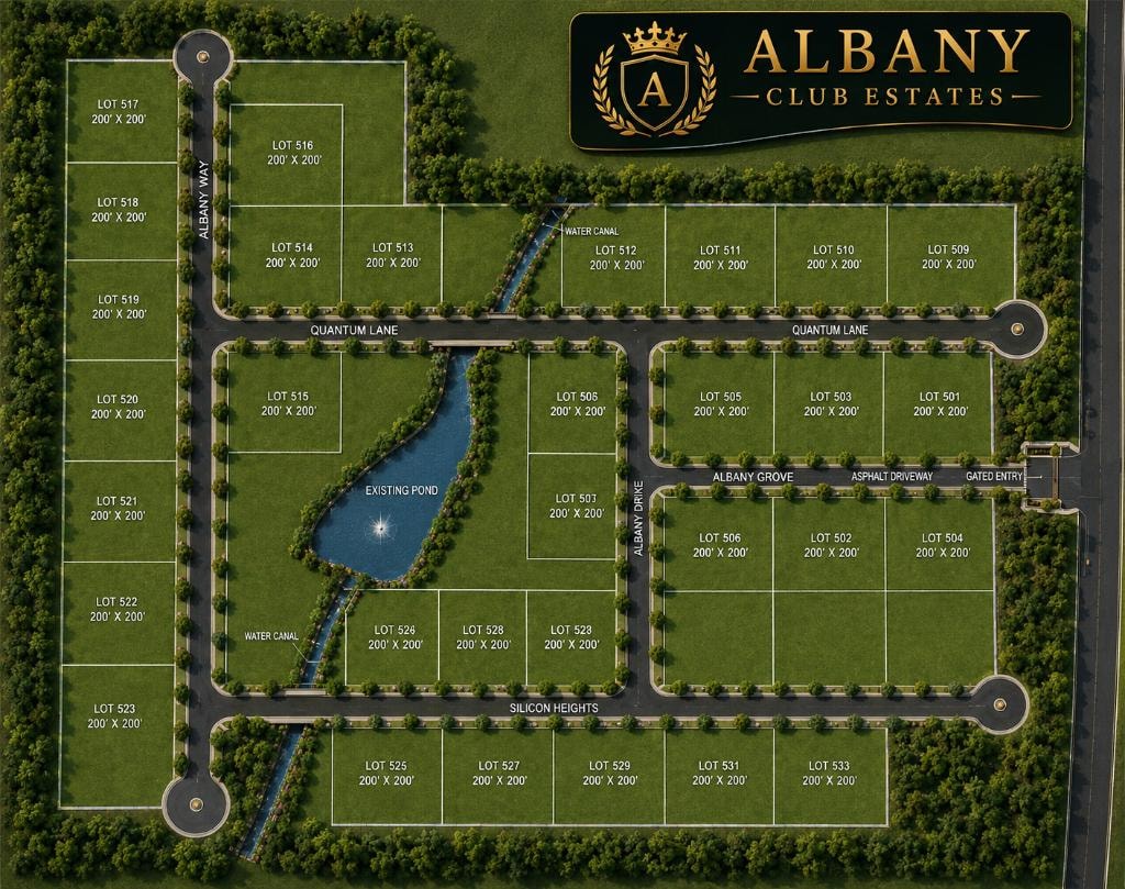 Albany Club Estates site plan — lot layout, dimensions, roads, water features, and gated entry