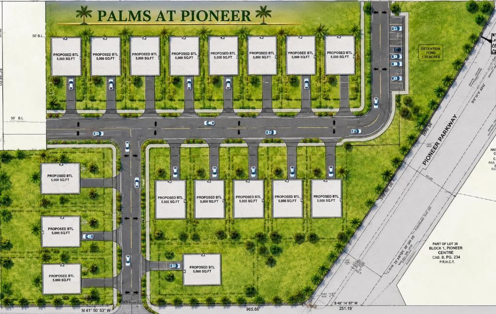 Palms at Pioneer site plan — proposed lot layout, Pioneer Parkway access, detention pond, and landscaping