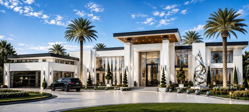 Contemporary luxury mansion — white modern estate with palm trees, chrome sculpture, and circular drive