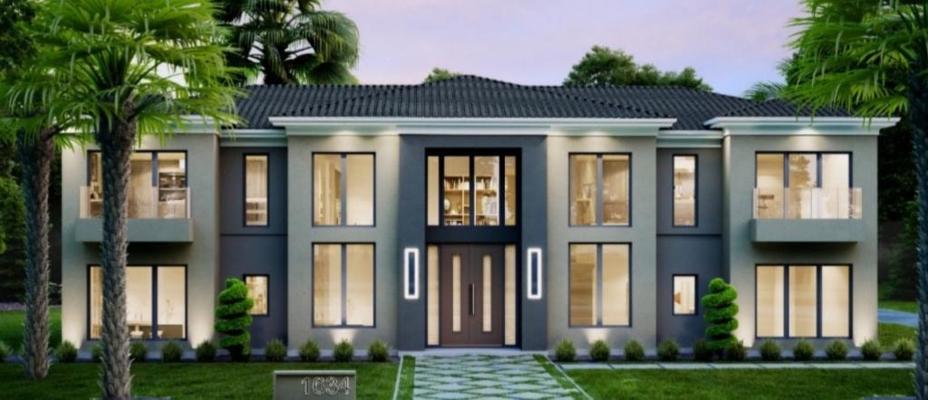 Contemporary luxury estate — two-story facade with floor-to-ceiling windows at dusk