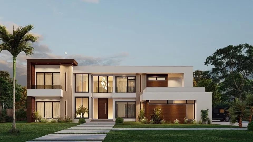 Contemporary luxury estate — two-story modern home with wood accents and floor-to-ceiling windows at twilight