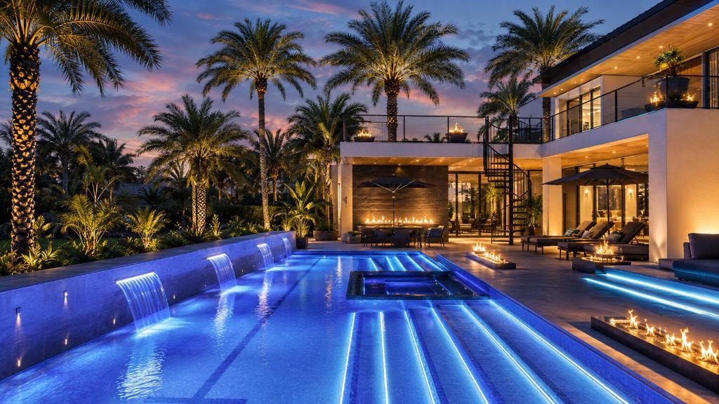 Ultra-luxury resort pool with blue LED lighting, waterfall features, fire bowls, and palm trees at twilight